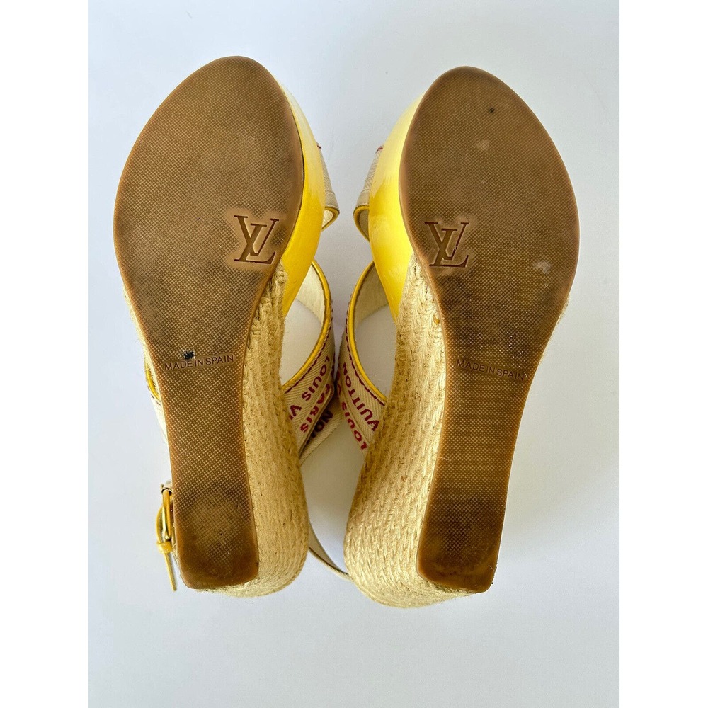 Louis Vuitton Logo Wedge Sandals Heels Espadrilles Cream w Yellow Patent EU 37 - Picture 9 of 11